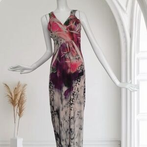 Abstract Print Pink & Purple V-Neck Maxi Dress